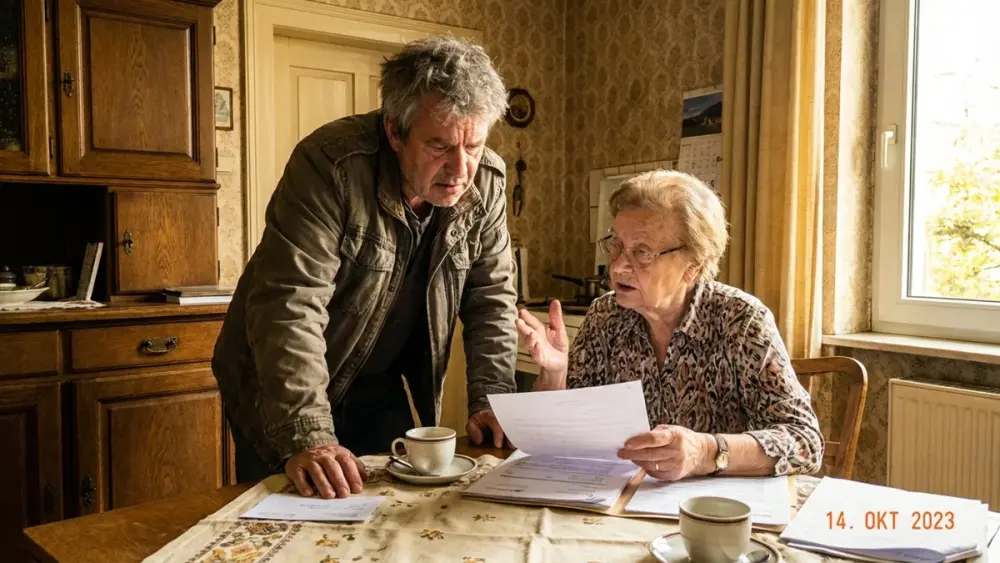 Sohn besucht seine Mutter und hilft im Haushalt
